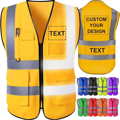 GBVllexuii Gilet di sicurezza personalizzato da uomo con tasche con logo Gilet riflettenti dorati ad alta visibilità Abbigliamento da lavoro di sicurezza per l'edilizia Protezione esterna L