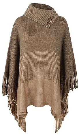 JFAN Ponchos för kvinnor varm dam elegant stickad poncho för vinter med frans rulle hals poncho capes cardigan med knappar, Khaki, one size