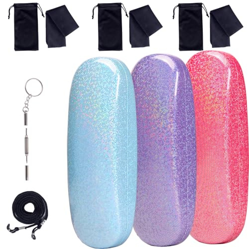 ADBGV 3Pack Unisex Glasses Case Hard Shell,Glitter Eyeglasses Cases Sunglasses Cases,With Cleaning Cloth, Fixed Non-Slip Cord