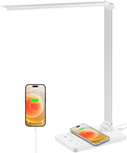 weareok Schreibtischlampe LED Dimmable,Tischlampe Augenschutz,Desk Lamp 5 Farb und 6 Helligkeitsstufen,10W QI KabellosemLadegerät und USB-Anschluss Table Lamp mit Netzstecker Touch Weiß