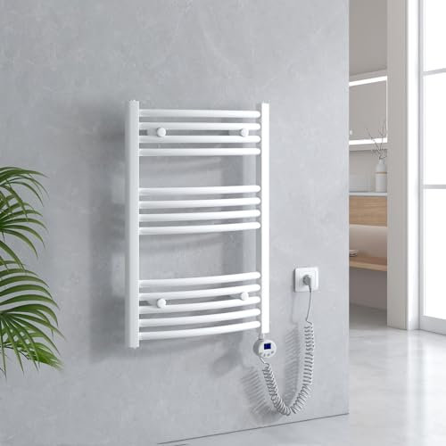 EMKE Badheizkörper Elektrisch 750 x 500 mm, Gebogen Handtuchheizkörper Elektrisch mit Thermostat, Handtuchtrockner Handtuchwärmer mit Timer Weiß 300W