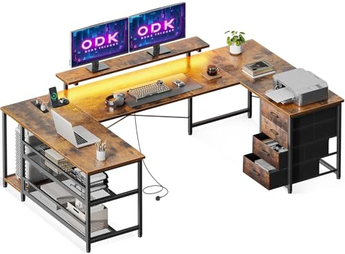 ODK Scrivania con Cassetti, Scrivania ad Angolo Reversibile con Multipresa, Tavolo da Gaming con LED e Supporto per Monitor per Ufficio a Casa, 167×102 cm, Marrone Vintage
