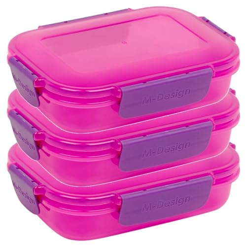URBN-CHEF Plastic Lunch Box Food Storage Air Tight Rubber Seal Container with Clip Lock 600ml (3, Pink/Purple)