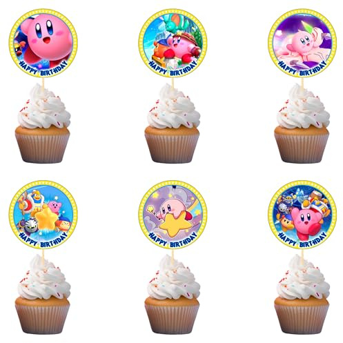 18x Kirrby Cupcake Toppers – Strong Picks Happy Birthday Décor, Cupcake Decorations for Kids Birthdays