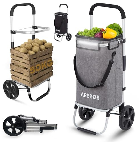 Aerebos 3-i-1 shoppingvagn | stor vagn 56 liter | shoppingvagn med kylfack | shoppingväska med hjul | vikbar shoppingväska | avtagbar väska | handvagn | grå