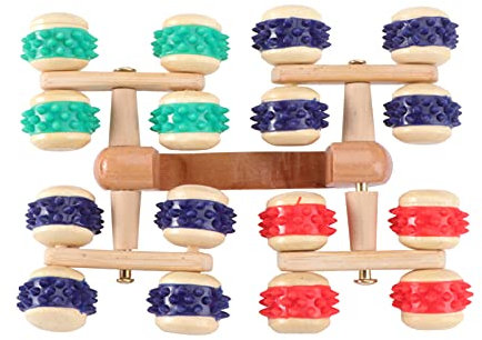 Beavorty Wooden Full Body Massage Roller with 16 Rolling Wheels, Handheld Muscle Massage Tool for Back and Body Fat Relief, Natural Wood Material, Suitable for Home and Travel Use Random Color