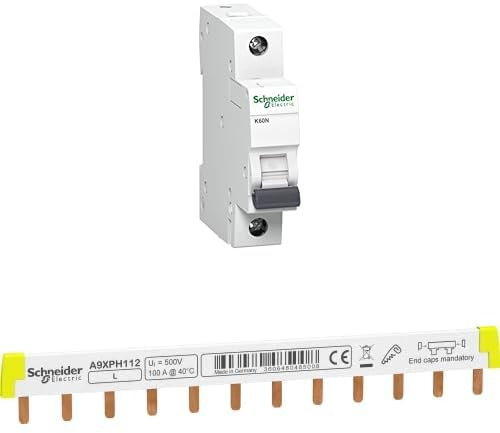 Bundle aus Schneider Electric Leitungsschutzschalter K60N 1P 20A B, A9K01120, 20 Ampere B + Schneider Electric A9XPH112 Phasenschiene Steg, ablängbar, 1P, 12 TE, 100A