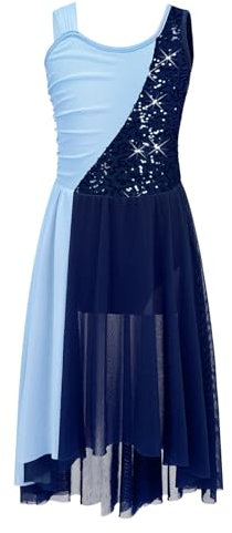 Miutii Kinder Mädchen Lyrisch Tanzkleid Glitzer Ballettkleid Pailletten Ballettanzug mit Rock Ballerina Kleid Modern Contemporary Tanzkleidung Marine Blau 158-164