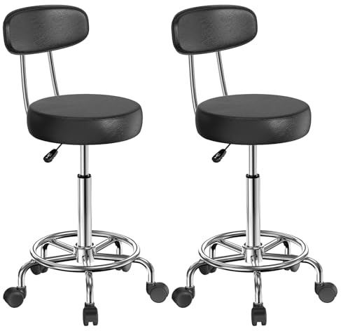 2 Rollhocker Höhenverstellbar mit Lehne, drehbar barhocker für Büro Zuhause | Schwarz barhocker Höhe 48-63cm 3-stufiger pneumatischer Hubarm, 10cm dickes weiches Polster, Praktisches verchromtes Fußpedal