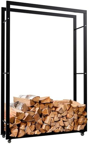 CLP Kaminholzständer Keri mit Rollen I Kaminholzregal aus schwarzem Metall I Aufbewahrung für Brennholz, Farbe:schwarz, Größe:25x100x150 cm