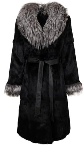 OFTBUY Herbst Winter verdickt Pelzmantel für Frauen Kaninchen Pelz Einteilig Lang Stil Echt Fuchs Pelz Kragen Mode Warm Mantel Frauen (L,schwarz silber (Gürtel))