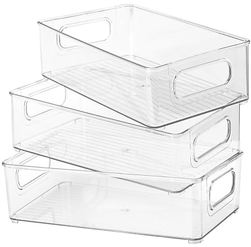 KEILEOHO Uppsättning av 3 kylskåpsförvaring med handtag, 25,5 x 15 x 7,6 cm, kylskåp, behållare, förvaringsbehållare, skafferi, förvaringslåda för kök, transparent, plast
