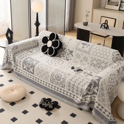 PEIHUODAN Manta De Sofá Grande, Manta De Sofá A Cuadros 1/2/3/4 Plazas, Manta Grande Reversible Antideslizante, Estilo étnico Geométrico Moderno con Borlas para Sillón Cama Doble (Gris,180x90cm)