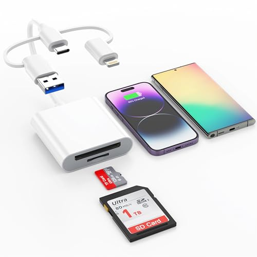 USB C SD Card Reader for iPhone 16/15/iPad/MacBook/Mac, Digital Camera Adapter iPhone, Memory Card Reader with Dual Slot for SD and TF Micro SD Card Adapter, USB-C/A & Lightning Trail Camera Viewer