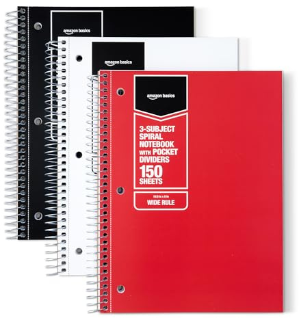 Amazon Basics Wide Ruled Spiral Notebook, 3-Subject with Pocket Divider, 150 Sheets, 8''x10.5'', Assorted Primary Colors, 3 pack