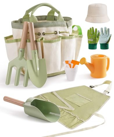 ROBUD Kinder Gartenarbeit Set, 18 PCS Kleinkind Gartengeräte Kit mit Schürze, Handschuhe, Schaufel, Gabel, Gießkanne, Zylinder Schaufel, Outdoor-Lernspielzeug für Jungen & Mädchen ab 3 Jahren