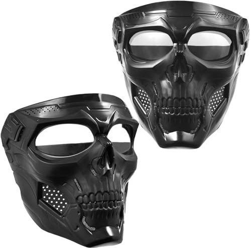 2PCS Airsoft Mask Paintball Mask Full Face Tactical Mask Suitable for CS Survival Games Shooting Cosplay Movie Halloween Skull Mask (Clear Lens)