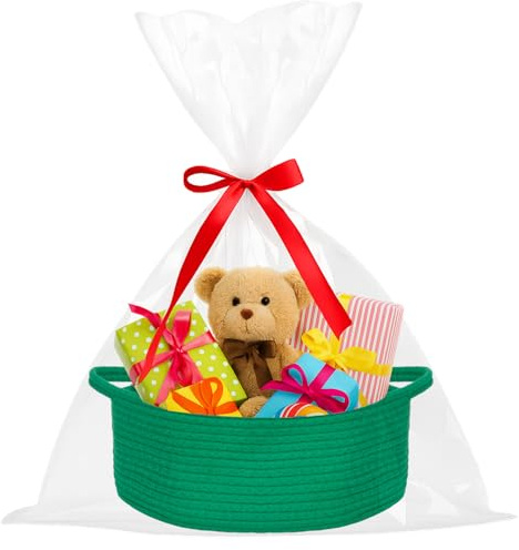 powerking Geschenkkorb Leer, Kleiner Gewebter Korb mit Geschenktaschen und Bändern, Geschenkkorb für Babyparty, Geburtstag, Hochzeit, Ostern, Weihnachten