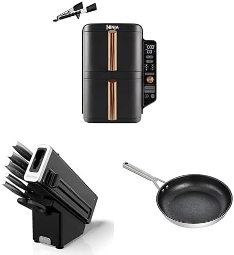 NINJA Double Stack XL Air Fryer, Friteuse sans huile, Noir/Cuivre, SL400EUCP + StaySharp Ensemble de couteaux 6 pièces, Noir, K62006EUUK + ZEROSTICK Poêle en acier inoxydable de 28 cm, C60028EU