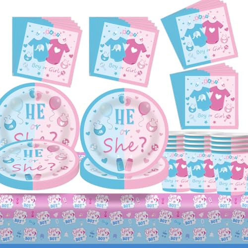 Fuwraixis Stoviglie per feste di Genere rivelato,61 pezzi Tema boy or girl compleanno stoviglie,Set di piatti di carta per il bambini,Forniture per feste di battesimo di un neonato,Per 20 persone