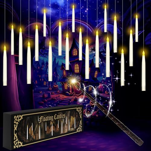 Dukelai Floating Candles with Wand Remote, 20 Pcs Magic Hanging Warmer Light Flameless LED Taper Candles for Halloween Christmas Birthday Party Decor Gifts Indoor