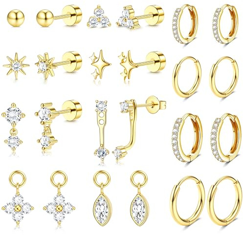 MILACOLATO 12 Paar Ohrringe Gold Silber Hypoallergene Chirurgenstahl Medizinische Ohrstecker und Klein Creolen Ohrloch Stecher Set 14K Vergoldet Helix Tragus Piercing Ohr Damen Mädchen Gold B