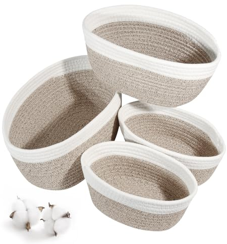 Solinorex 4 Pièces Panier Rangement - Panier Rangement Salle de Bain, Rangement Table a Langer, Petit Panier Rangement Tressés en Coton pour Salles de Bains et Aux Chambres à Coucher