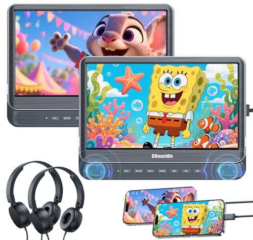 GOnavidio Dual Car DVD Players with HDMI Input, Car TV Screen with Headphones, Mounting Brackets, Support Sync TV/Phone, USB/TF Card, MP4/MKV, Play Same/Different Movies, Dual Speakers, No Battery