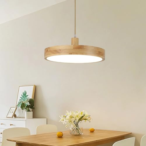 LED Pendelleuchte Holz Kronleuchter Dimmbar Fernbedienung Hängeleuchte Rund Esstisch Lampe Modern Hängelampe für Esszimmer Wohnzimmer Bar Büro Leuchte Küchentisch Weiß Schirm Höhenverstellbar (40cm)