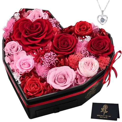 MARTINE MALL Forever Flowers for Delivery, Gifts for Her 10 Preserved Real Roses in a Box Valentines Day Birthday Gifts for Women Mom Girlfriend Wife Grandma Lasting Eternal Flowers with Necklace, Red