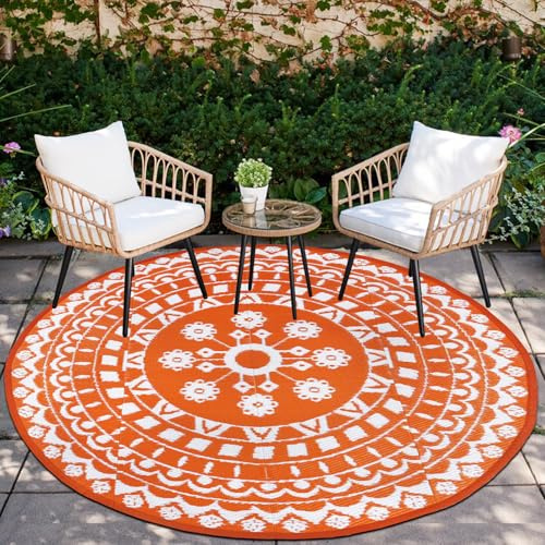 Capslpad Tapis de jardin rond imperméable réversible avec paille en plastique de style bohème pour jardin, camping-car, balcon, cour, terrasse, pique-nique, plage, orange (Ø180 cm)