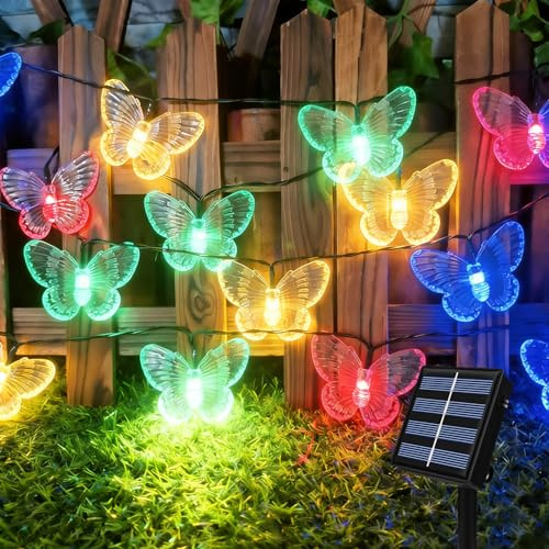Quintrost Solar Lichterkette aussen, 6.5M 30 LED Schmetterlingen Bunt lichterkette outdoor, 8 Modi wasserdichte Schmetterlingen lichterketten für Sommer Garten, Bäume, Terrasse, Hochzeiten, Partys