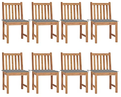 Mokuyary Trädgårdsstolar, set om 8 med kuddar, massivt trä, teak, balkongstol, terrassstolar, matstolar för terrass, trädgård, balkong – A