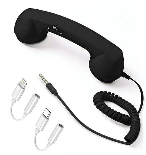 Retro Phone Handset for Cell Phone, 3.5mm Jack with USB-C & Lightning Adapters, Vintage Telephone Receiver, Plug and Play for Calls, Meetings & Video Conferences (Black)