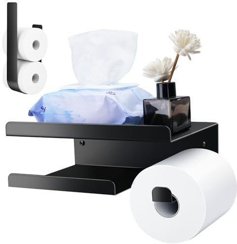 YUNISS 2 Pack Porte Papier Toilette Autocollant, Porte Papier WC sans Perçage avec Étagère, Porte Rouleau Papier Toilette en Acier Inoxydable avec 2 Méthodes de Montage (Noir, Lot de 2)
