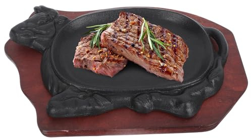 BUTIFULSIC Padella per Grigliare Bistecche in Ghisa Antiaderente 21x14 Cm Base in Legno Rosso, Piastra Grill per Uso Domestico Elevata Conduzione Termica e Conservazione Calore Uniforme