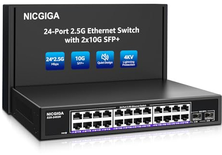 NICGIGA Commutateur Ethernet 24 Ports 2,5G + 2 SFP+ 10G, Switch Non Géré | Switch 26 ports 2.5G ultra-rapide et silencieux (sans ventilateur), idéal pour bureau ou rack 19, Plug & Play.