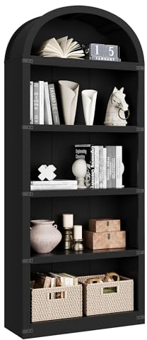 Lidzopas Arched 5-Tier Wooden Bookcase Cabinet with Doors for Office, Living Room, Bedroom, 71.65in Tall Farmhouse Bookshelf, Display & Storage Rack, Black