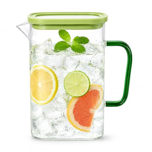 Morvexa Carafe en Verre 1,5 L avec Couvercle, Pichet d’Eau Fin pour Porte de Réfrigérateur, Carafe en Verre Borosilicate avec Poignée et Bec Verseur, pour Eau, Thé Glacé, Jus, Eau Infusée