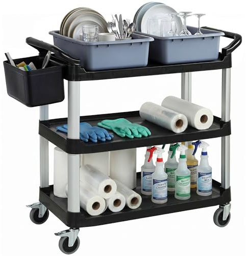 HOMCOM Carrello Pulizie Professionale a 3 Ripiani in Metallo e Plastica con 2 Contenitori Rimovibili, Secchio Sospeso e 4 Ruote, per Hotel e Albergo, Capacità 100kg, 115x50x100 cm, Nero