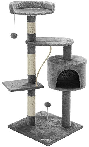CADOCA® Kratzbaum 112 cm Silbergrau mit Höhle + 3 Plattformen + 2 Spielbälle 1 Spielseil Kratzstamm Katzenkratzbaum Katzenmöbel Katzenschlafplatz