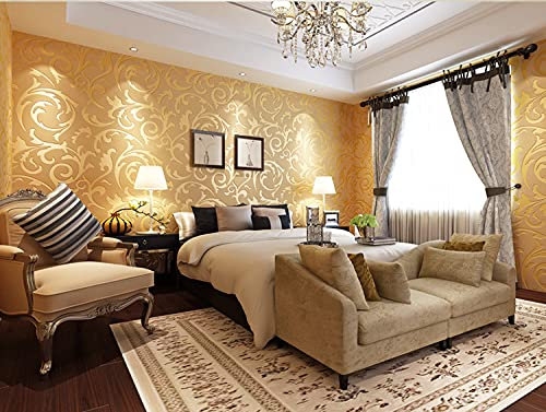 Zerone 3-Dimensional Luxury Victorian Embossed Wallpaper Rolls Self-Adhesive Wallpaper Wall Decoration, Gold, 10 x 0.53 m