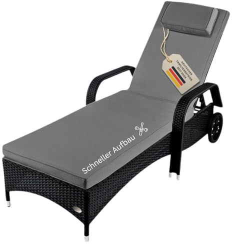RS Trade Sonnenliege Gartenliege Toscana Wetterfest mit Rollen – Polyrattan Rattan Liege Outdoor mit Armlehne, Verstellbare Relaxliege für Garten, Terrasse, Balkon, schwarz mit grauer Auflage & Kissen