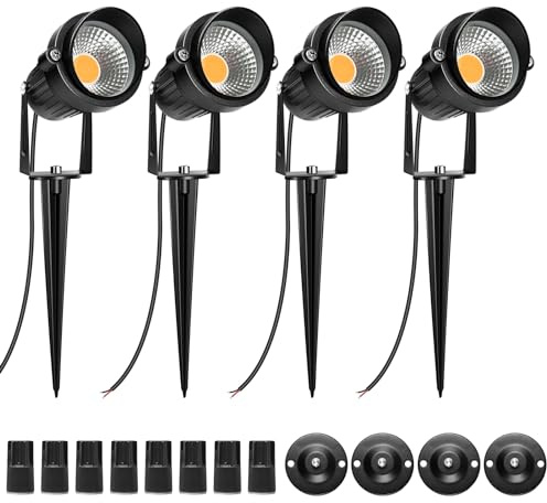 LightingWill 5W LED Landscape Lights, Warm White 3000K-3500K, Waterproof DC 12V COB LED Outdoor Wall Spotlight Low Voltage Garden Tree Spot Lighting for,Yard,Pathways,Fence (4 Pack)