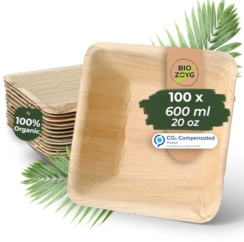 BIOZOYG Palmblatt Geschirr, Schale 100 Stück 600 ml 17 cm quadratisch - Einweg Suppenteller Salatschale kompostierbar Palmblatt Schüssel - Einweg Bowl Partygeschirr