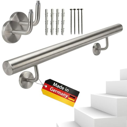 TIBU Handlauf Edelstahl 33,7 mm Geländer 0,3m - 6m, Länge 30 cm, Ende leicht gewölbte Kappe und gewinkelte Halter