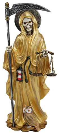 Ebros Gift Standing Santa Muerte Holding Scythe and Scales of Justice in Gold Robe Statue 10 Tall Holy Death Bone Mother Patron of Success and Wealth Altar Figurine