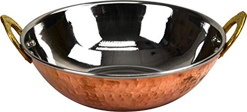 Premium Hammered Copper & Stainlees Steel Serving Balti Dish Bowl Wok with Brass Handles (15cm)