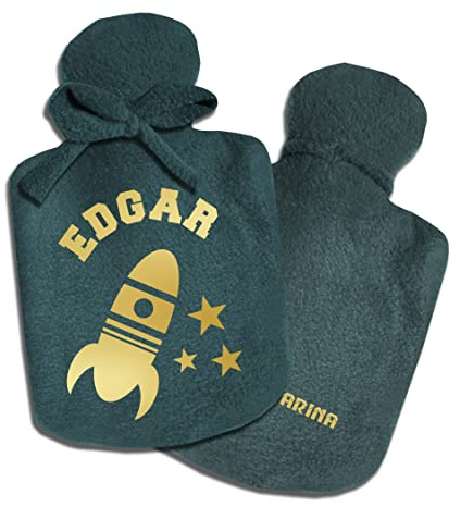 SupaRina personalisierte Wärmflaschen-Bezug für Jungen und Mädchen mit Namen und Motiv Rakete, unterschiedliche Farben und Motive nach Wahl, befüllbar kalt oder warm, weicher Fleece, auch mit Flasche