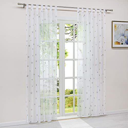 HeichkelL Voile Gardine mit Schlaufen Vorhang transparent mit Sterne Druck 1 Stück Gardinenstores Wohnzimmer Schlaufen Dekoschal BxH 140x225cm Weiß-Grau